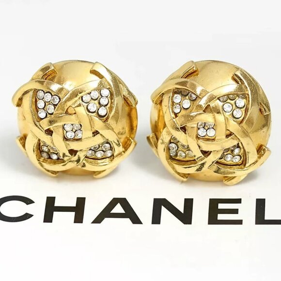 CHANEL CC Logos Rhinestone Round Clip-On Earrings Gold Tone 23 Auth w/Box q11447 - Picture 1 of 16